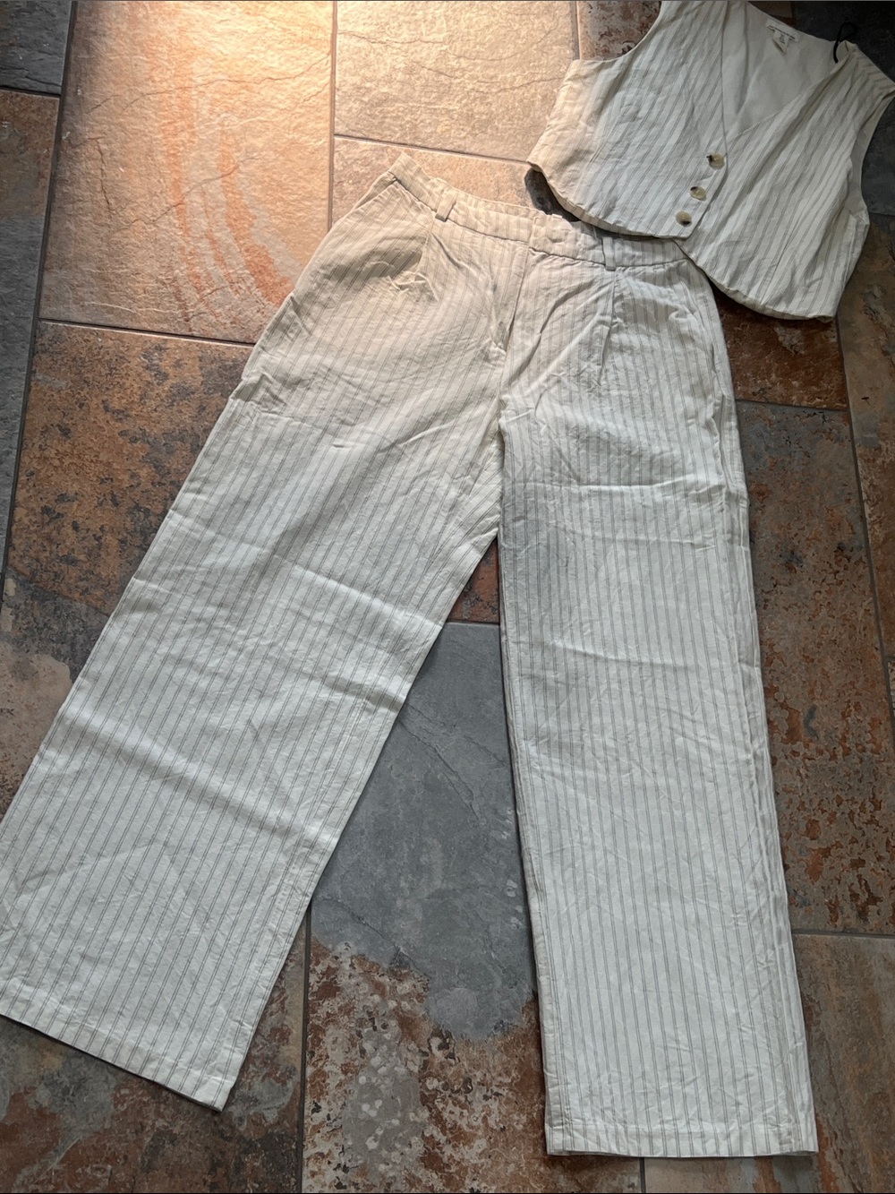H&M Cream Pinstripe Wide-Leg pants vest two piece set